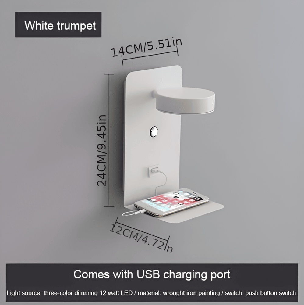 LED væglampe i aluminium med hylde og USB – dæmpbar sengelampe