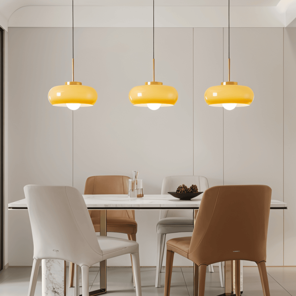 Retro pendellampe i glas og kobber – Bauhaus loftlampe med varm belysning