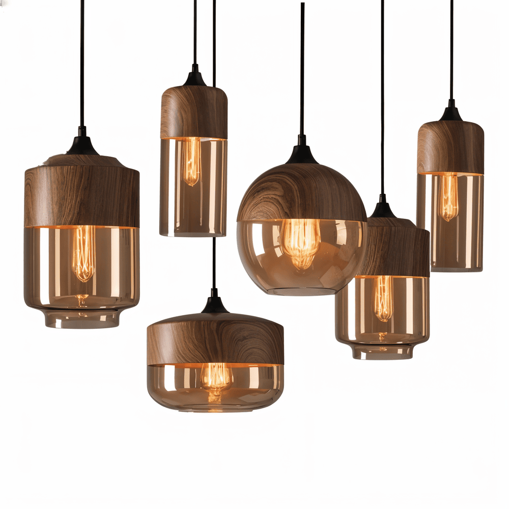 Retro pendellampe i tonet glas og metal