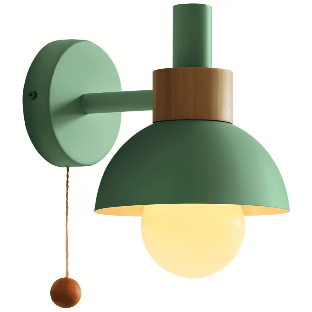 Væglampe i træ og metal – pastel design med træksnor