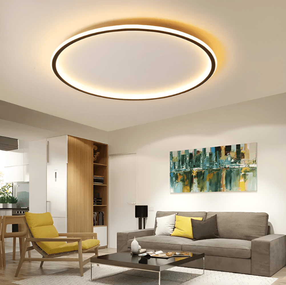 Dæmpbar rund LED loftlampe i metal og glas – moderne plafondlampe