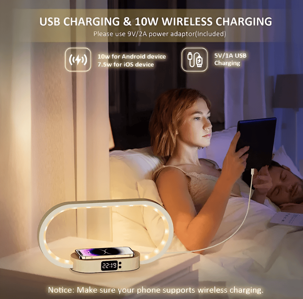 AuraDock – Multifunktionel Natlampe med Trådløs Oplader og Digitalt Ur