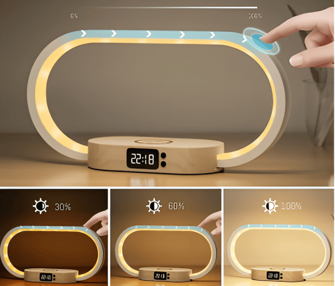 AuraDock – Multifunktionel Natlampe med Trådløs Oplader og Digitalt Ur