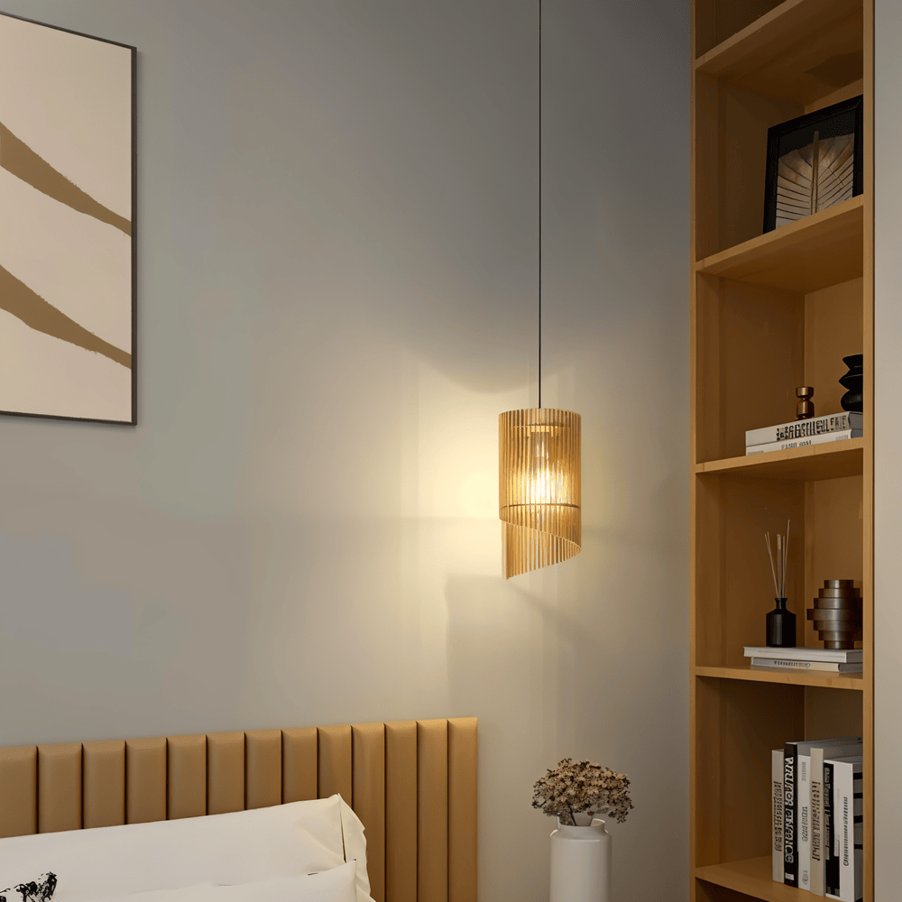 LignoSpira – Cylindrisk Taklampa i Trä med Naturlig Design