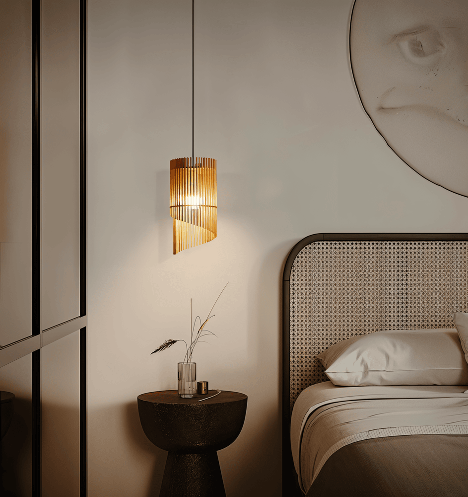 LignoSpira – Cylindrisk Taklampa i Trä med Naturlig Design