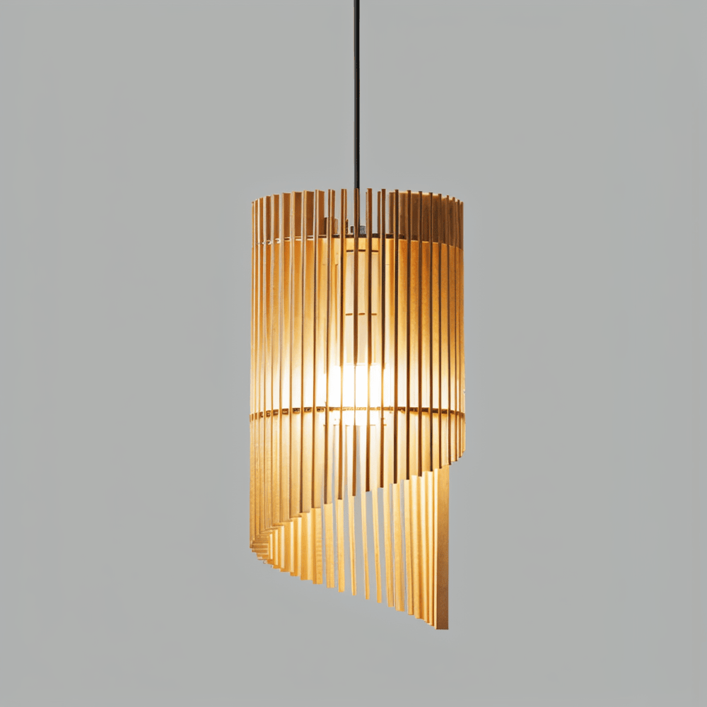 LignoSpira – Cylindrisk Taklampa i Trä med Naturlig Design
