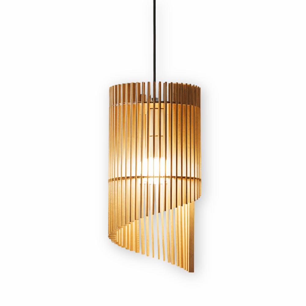LignoSpira – Cylindrisk Taklampa i Trä med Naturlig Design