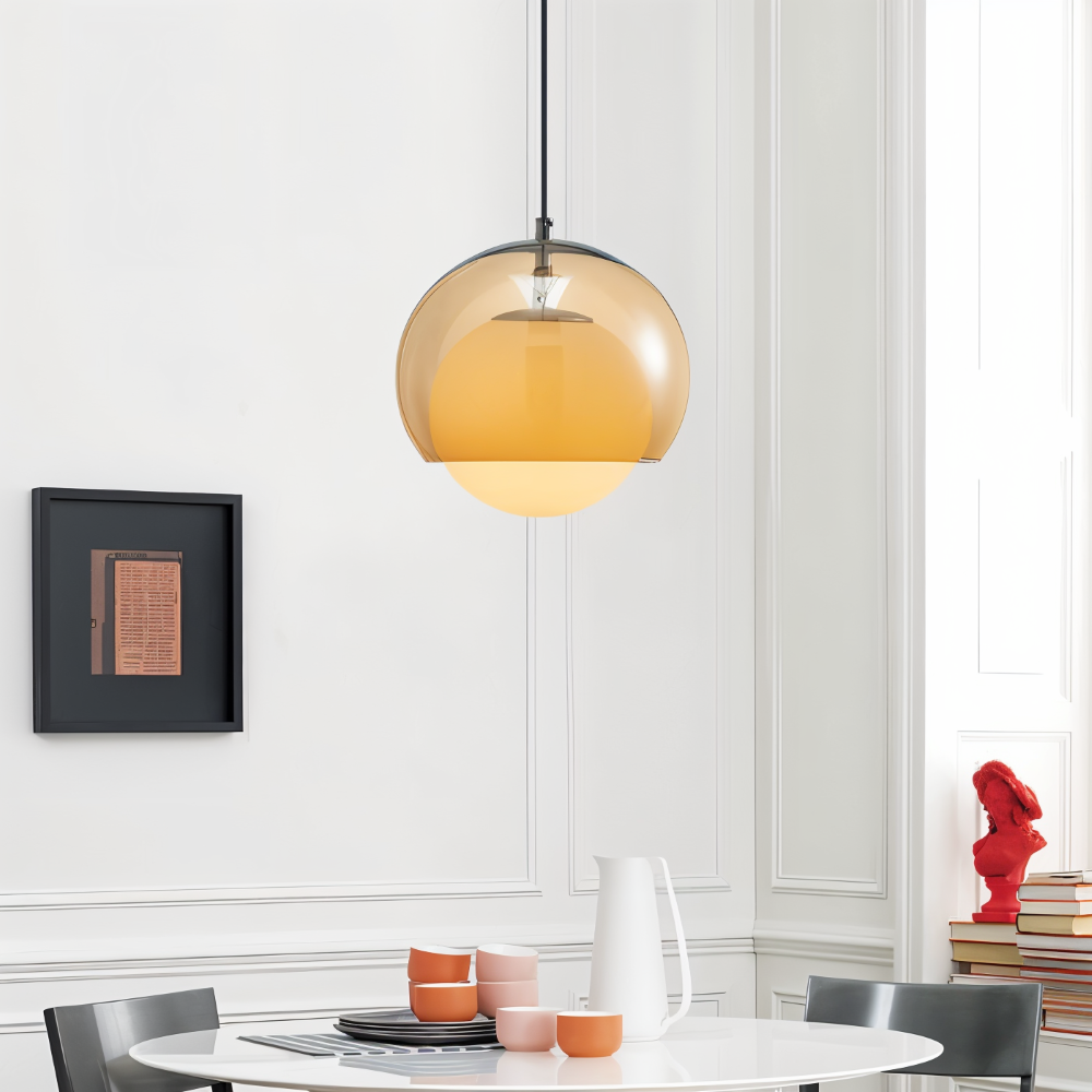 Retro glas pendel lampe i Bauhaus stil med orange skærm