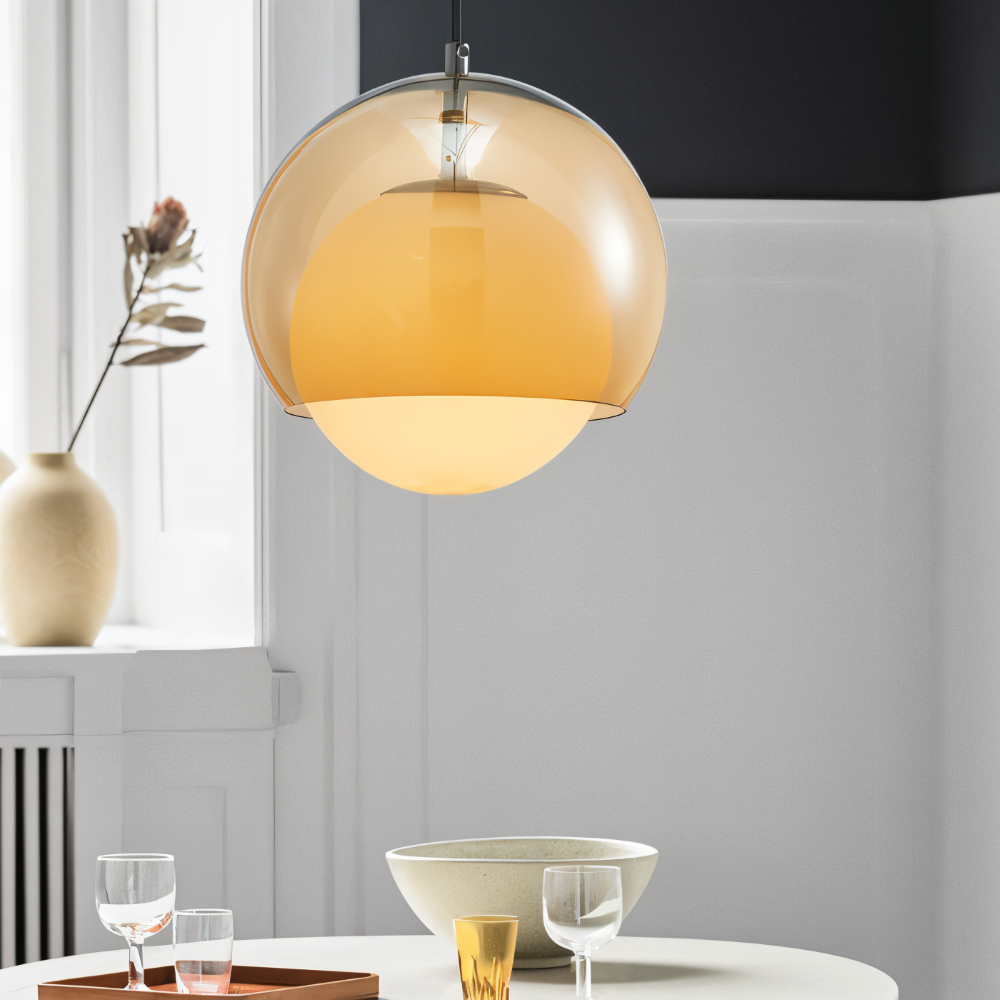 Retro glas pendel lampe i Bauhaus stil med orange skærm