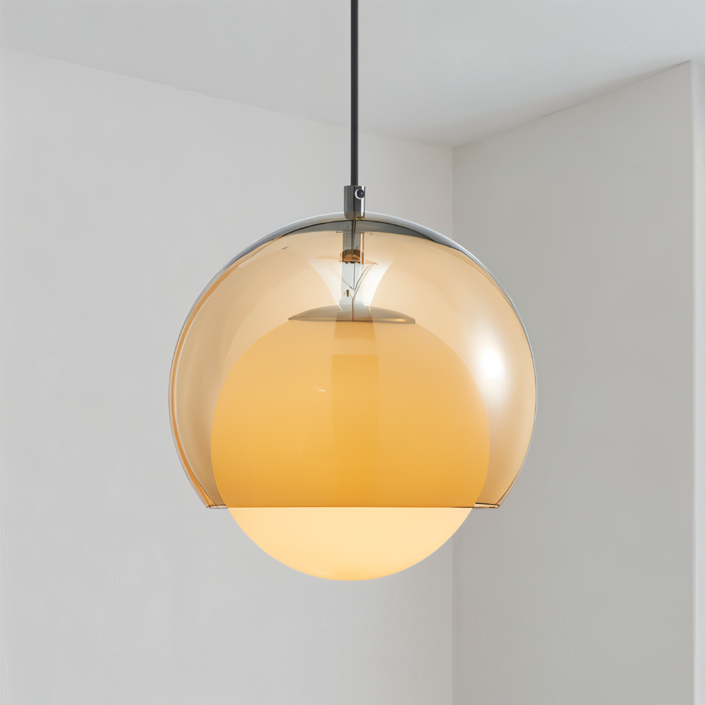 Retro glas pendel lampe i Bauhaus stil med orange skærm
