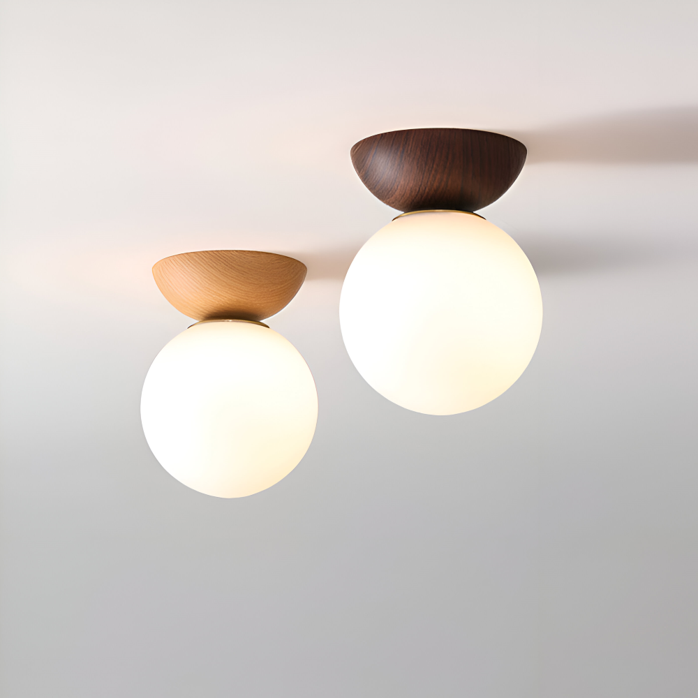 Kiyora – Japansk LED Loftlampe med Perleformet Glaskuppel og Træramme