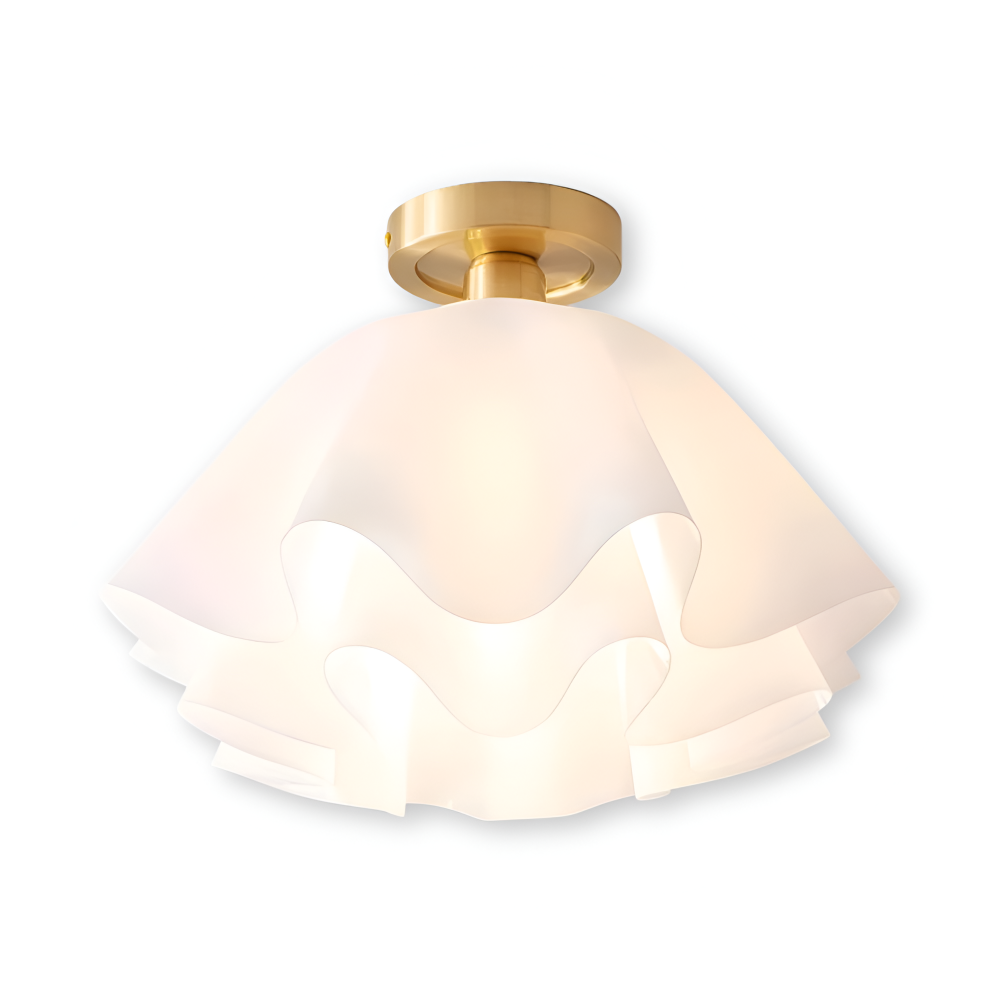 Blomsterformet loftlampe i hvid akryl og messing