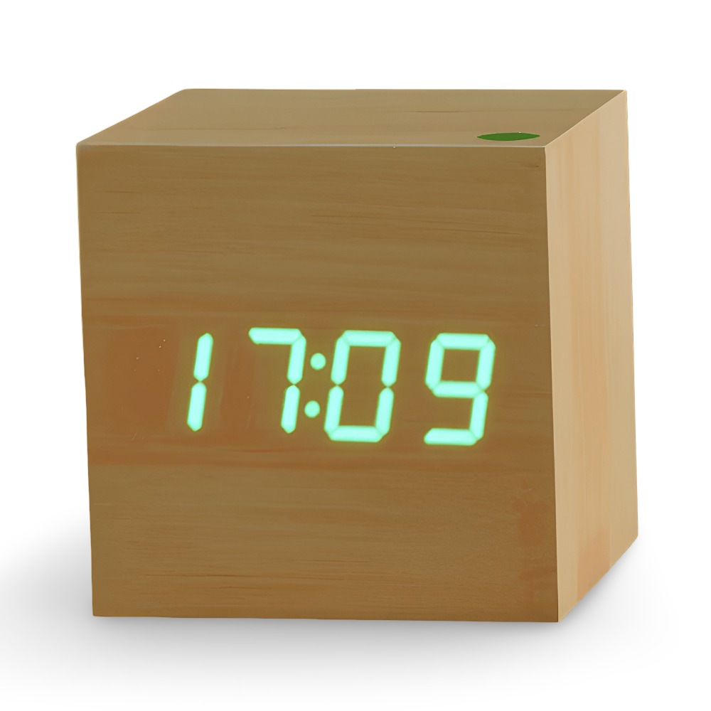 Digital LED vækkeur i træ – minimalistisk kubedesign