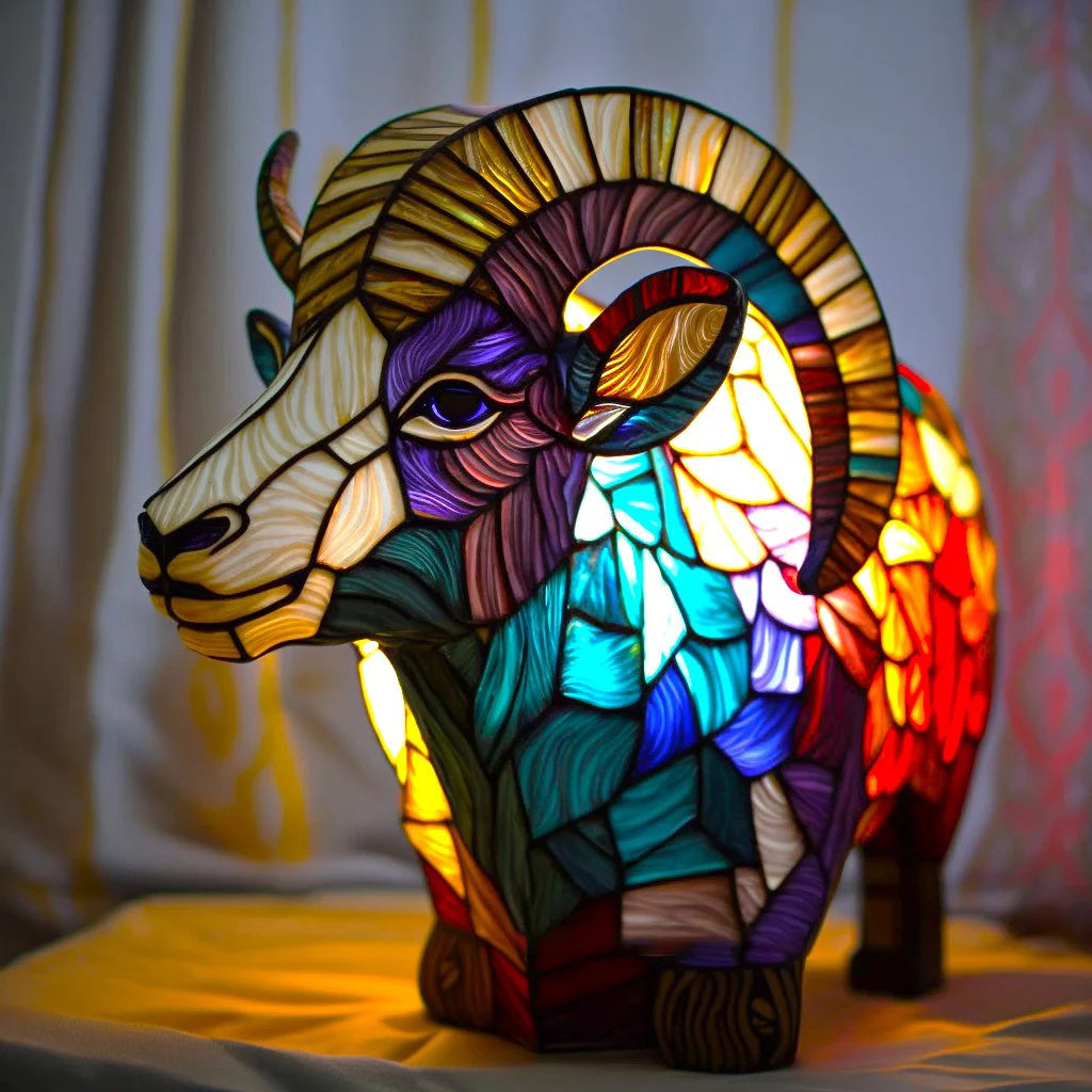 Lysende Dyreskulptur – Håndlavet Mytisk Belysning i Rav, Grøn, Blå & Chokoladeglas