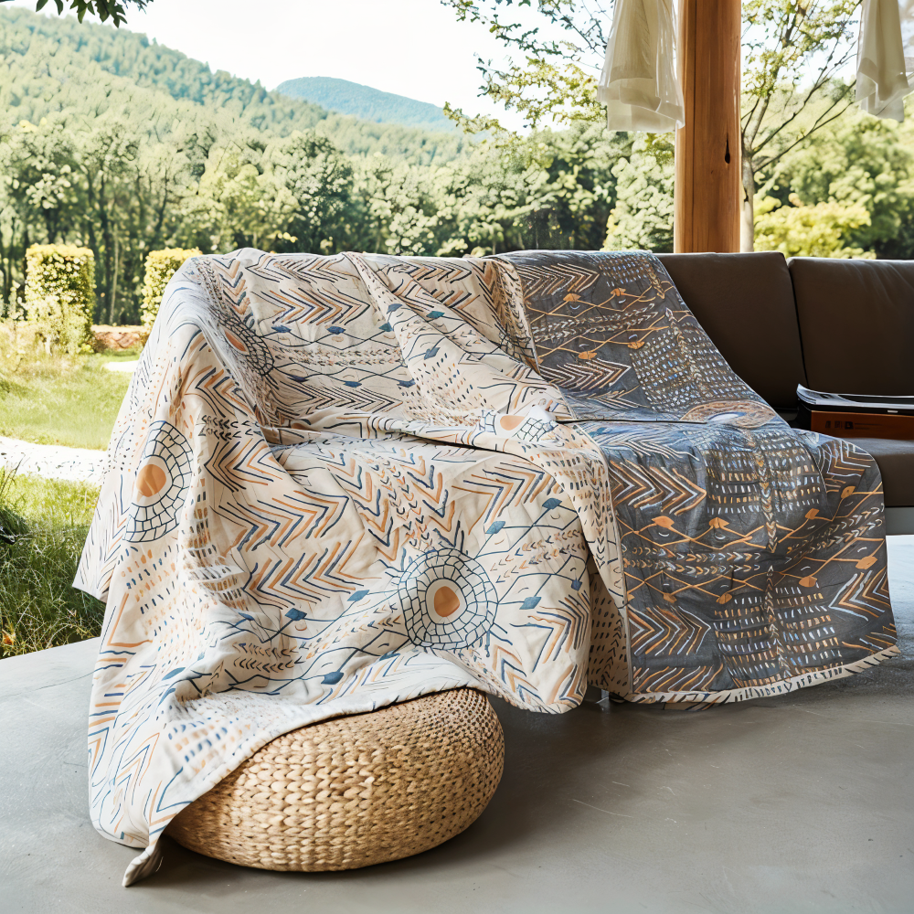 Vendbar boho-plaid i firelags bomuld