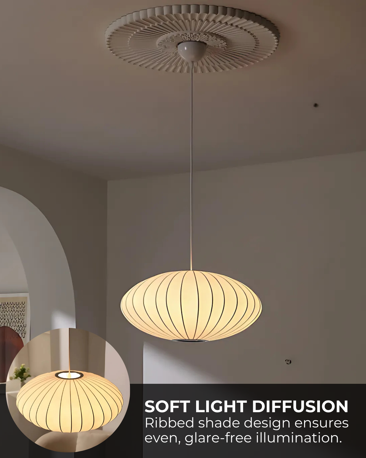 Rund tekstilloftlampe i nordisk Japandi-stil