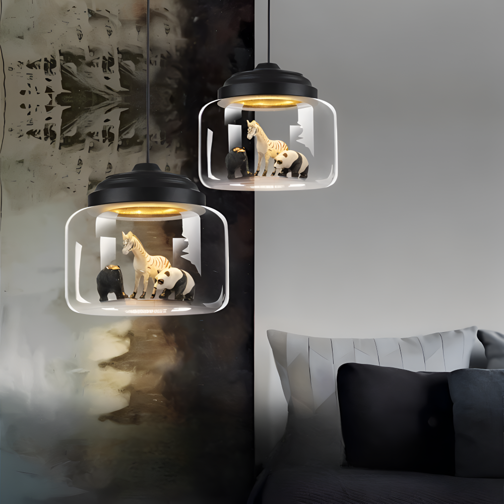 Børne pendel lampe i glas med nordiske dyremotiver