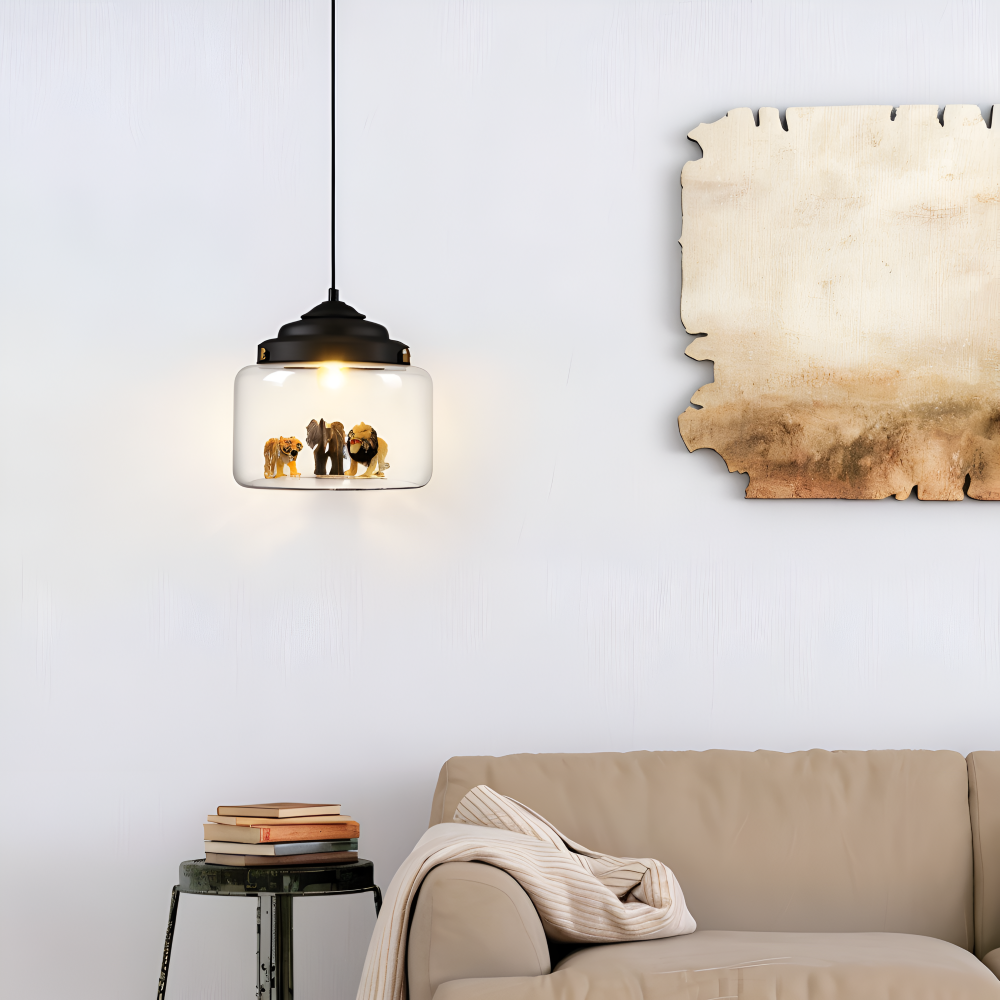 Børne pendel lampe i glas med nordiske dyremotiver