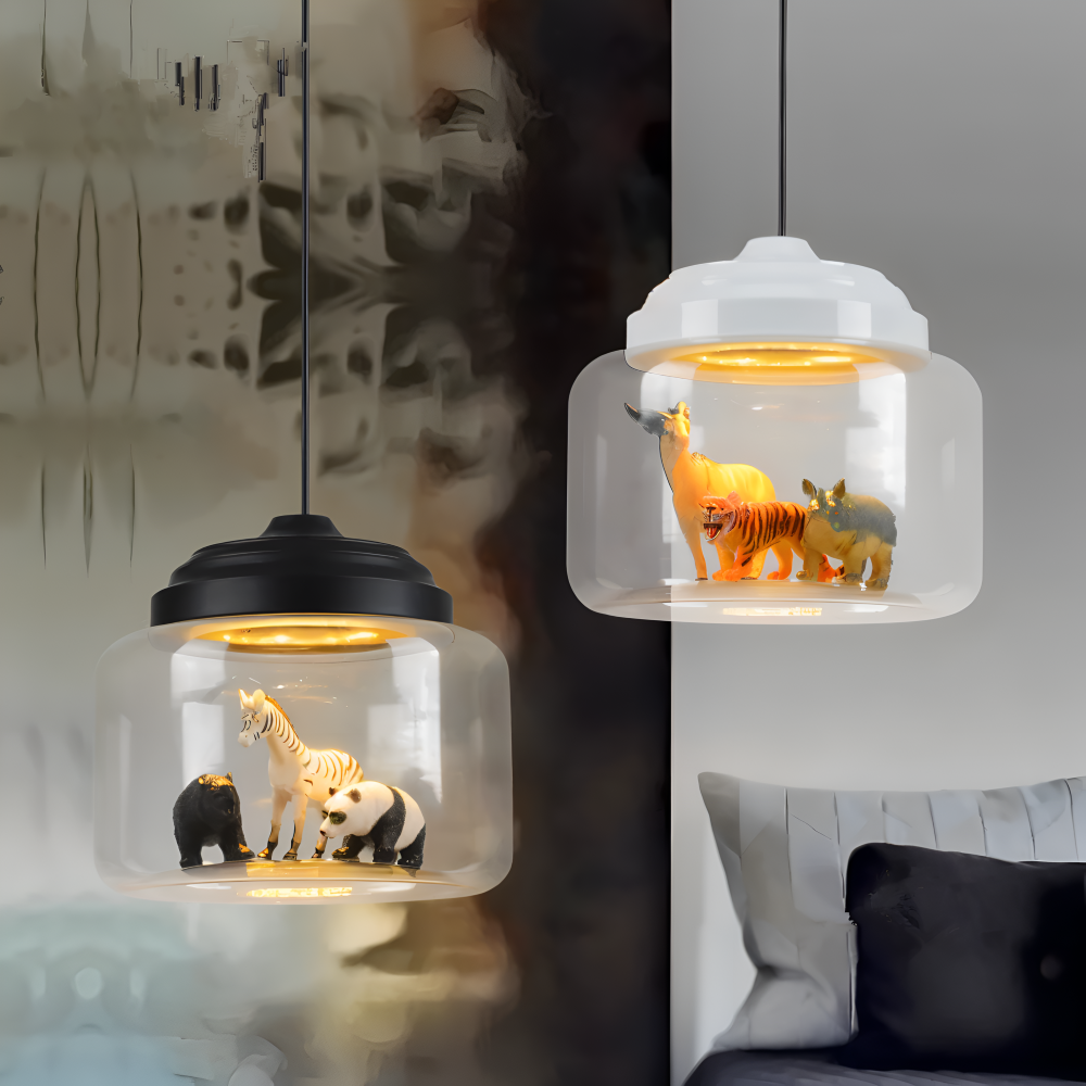 Børne pendel lampe i glas med nordiske dyremotiver