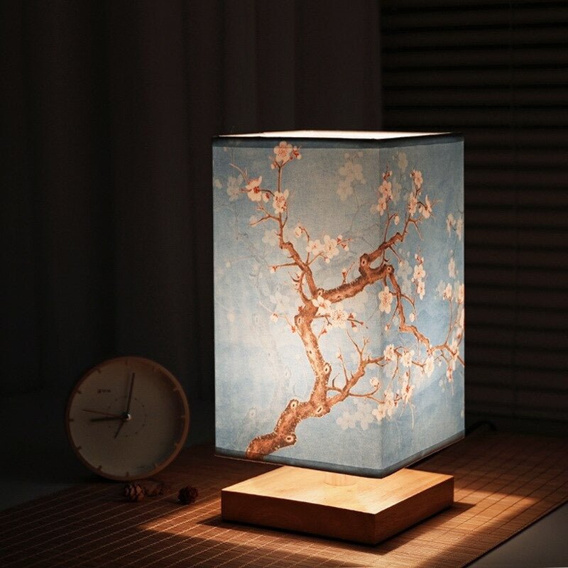 Japandi bordlampe i bambus, træ og sten