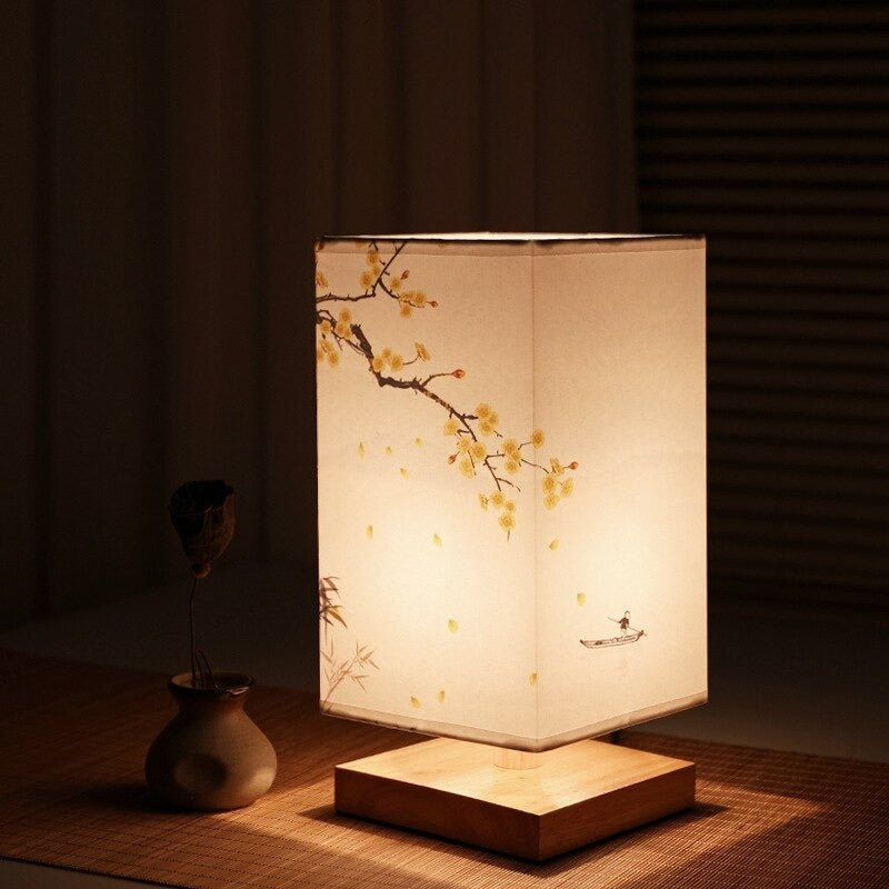 Japandi bordlampe i bambus, træ og sten