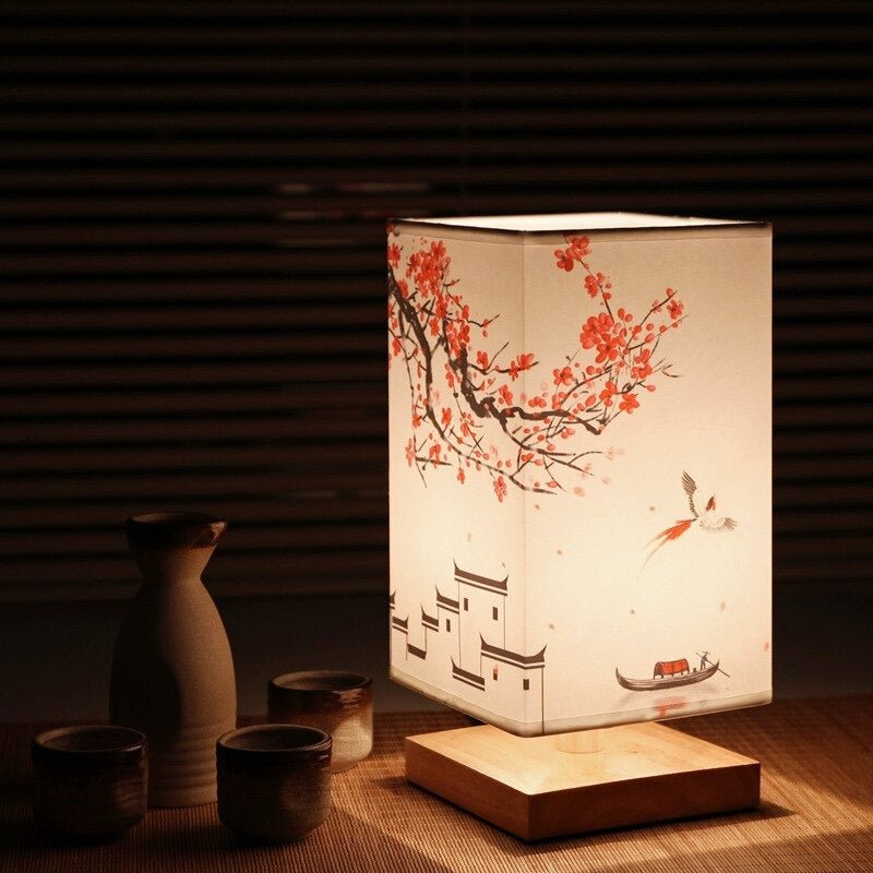 Japandi bordlampe i bambus, træ og sten