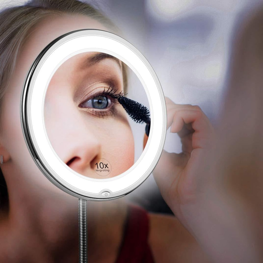 LED makeup spejl med 10× forstørrelse – fleksibel svanehals og sugekop